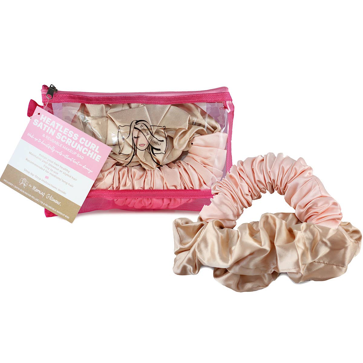Satin Heatless Curl Scrunchie Hair Accessory: Pink/Champagne