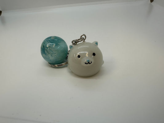 White and Baby Blue Bear Keychain with Petri dish effect Large Sphere Charm