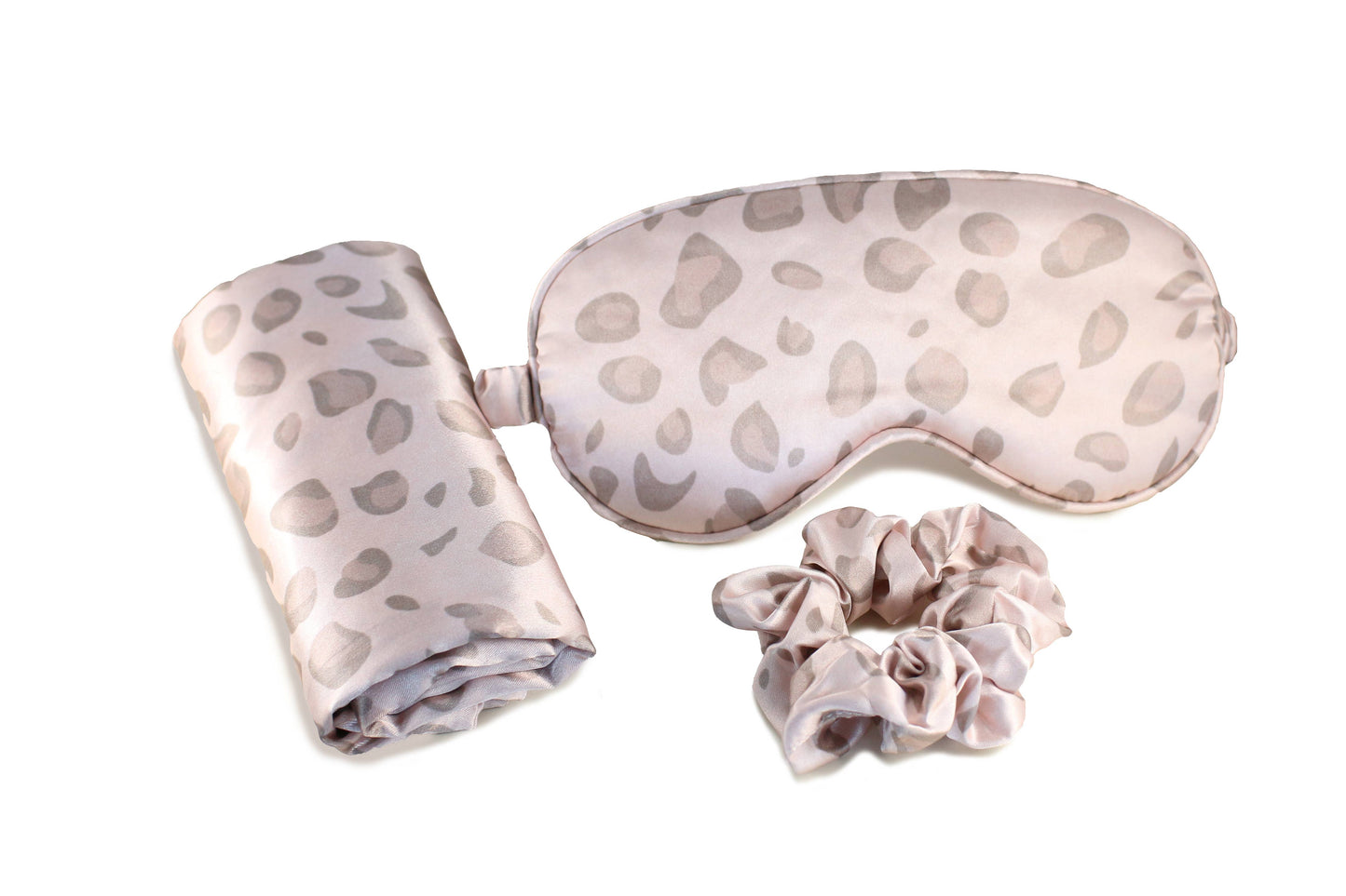 Ultimate Sleep Set Satin Pillowcase, Eye mask and Scrunchie: Pale Leopard
