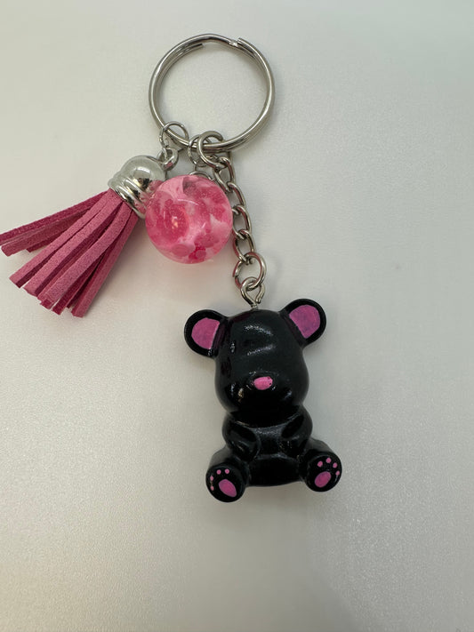 Black and Pink Teddy Bear Keychain with Petri dish effect sphere charm