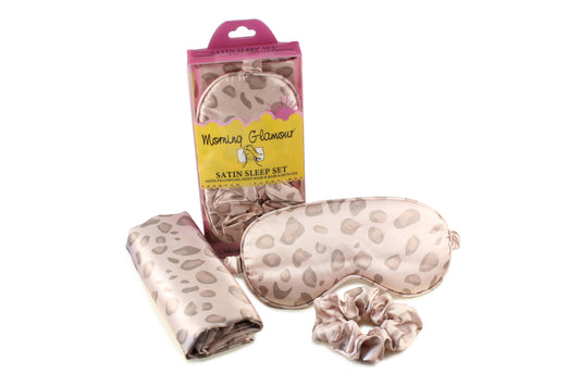 Ultimate Sleep Set Satin Pillowcase, Eye mask and Scrunchie: Pale Leopard