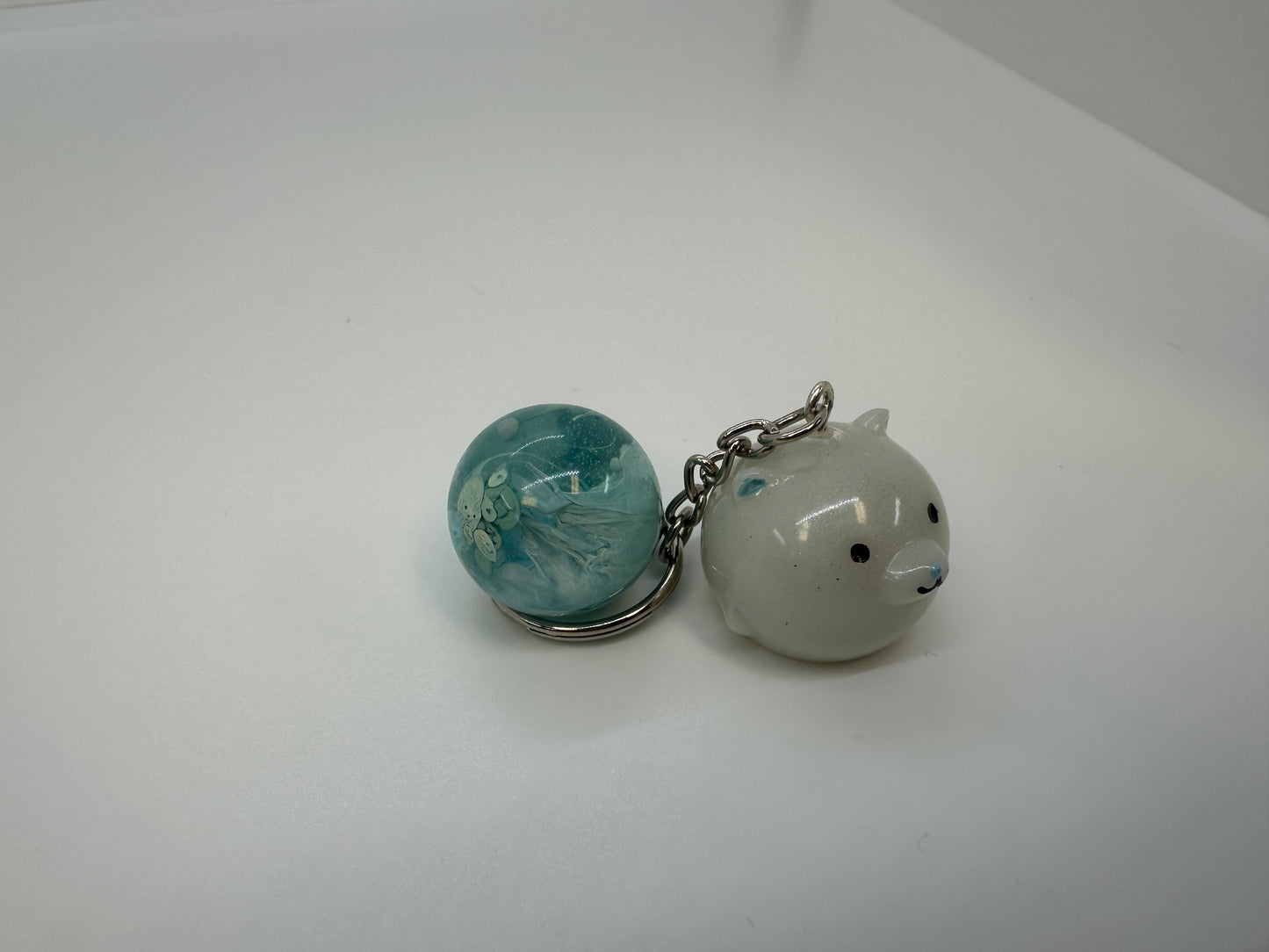 White and Baby Blue Bear Keychain with Petri dish effect Large Sphere Charm