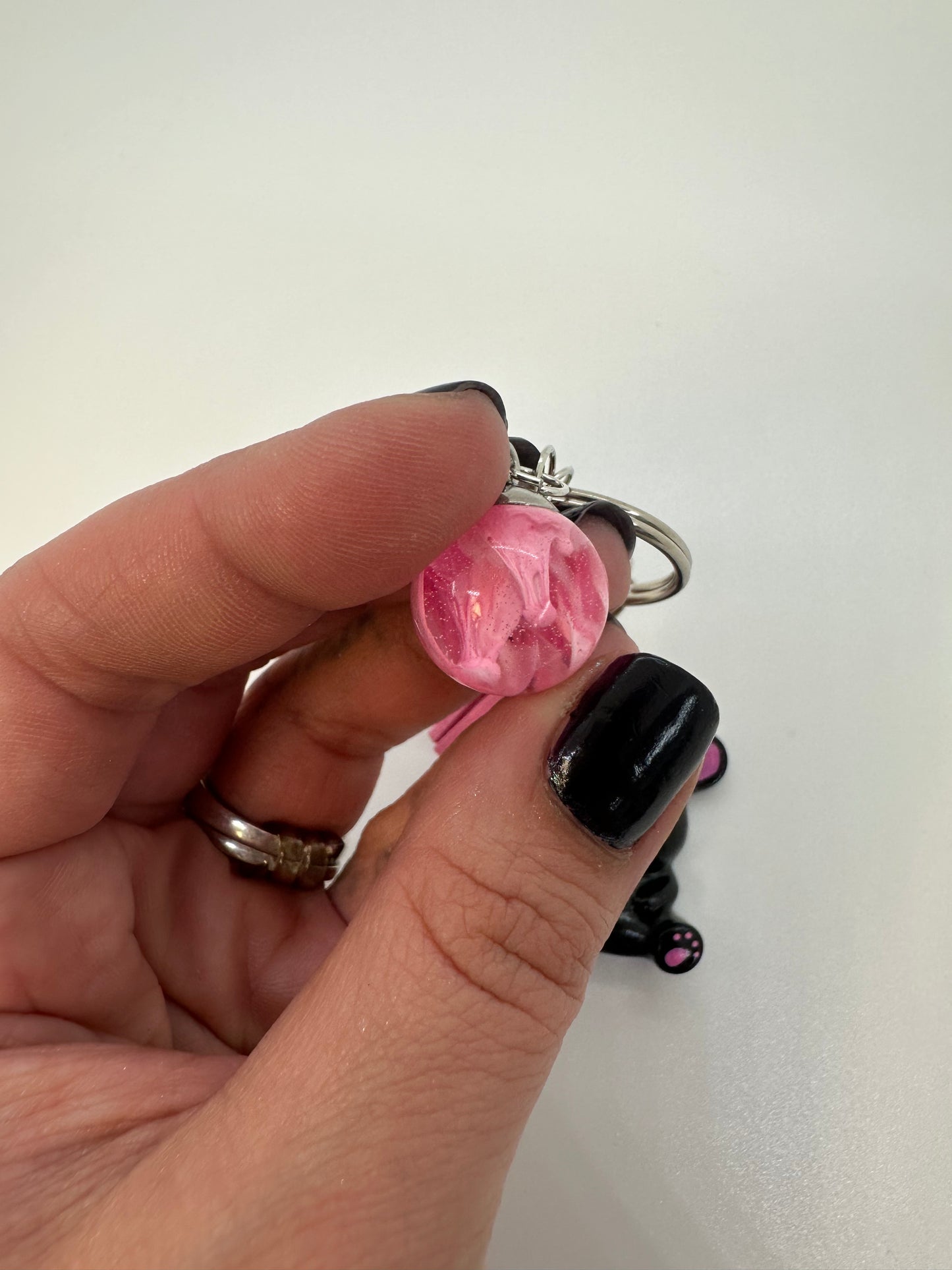 Black and Pink Teddy Bear Keychain with Petri dish effect sphere charm