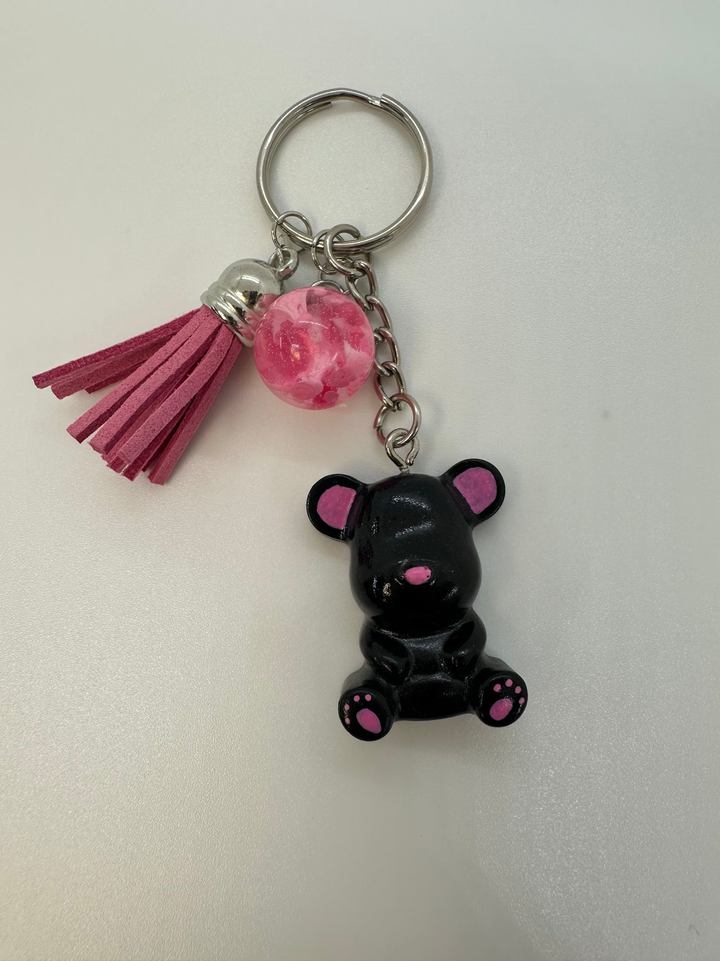Black and Pink Teddy Bear Keychain with Petri dish effect sphere charm