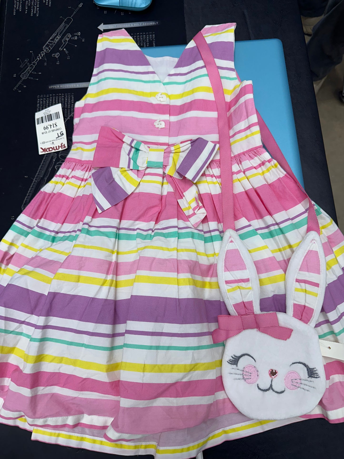 Savannah Pink Multi Colored Stripped Dress w/Bunny Bag 5T NWT