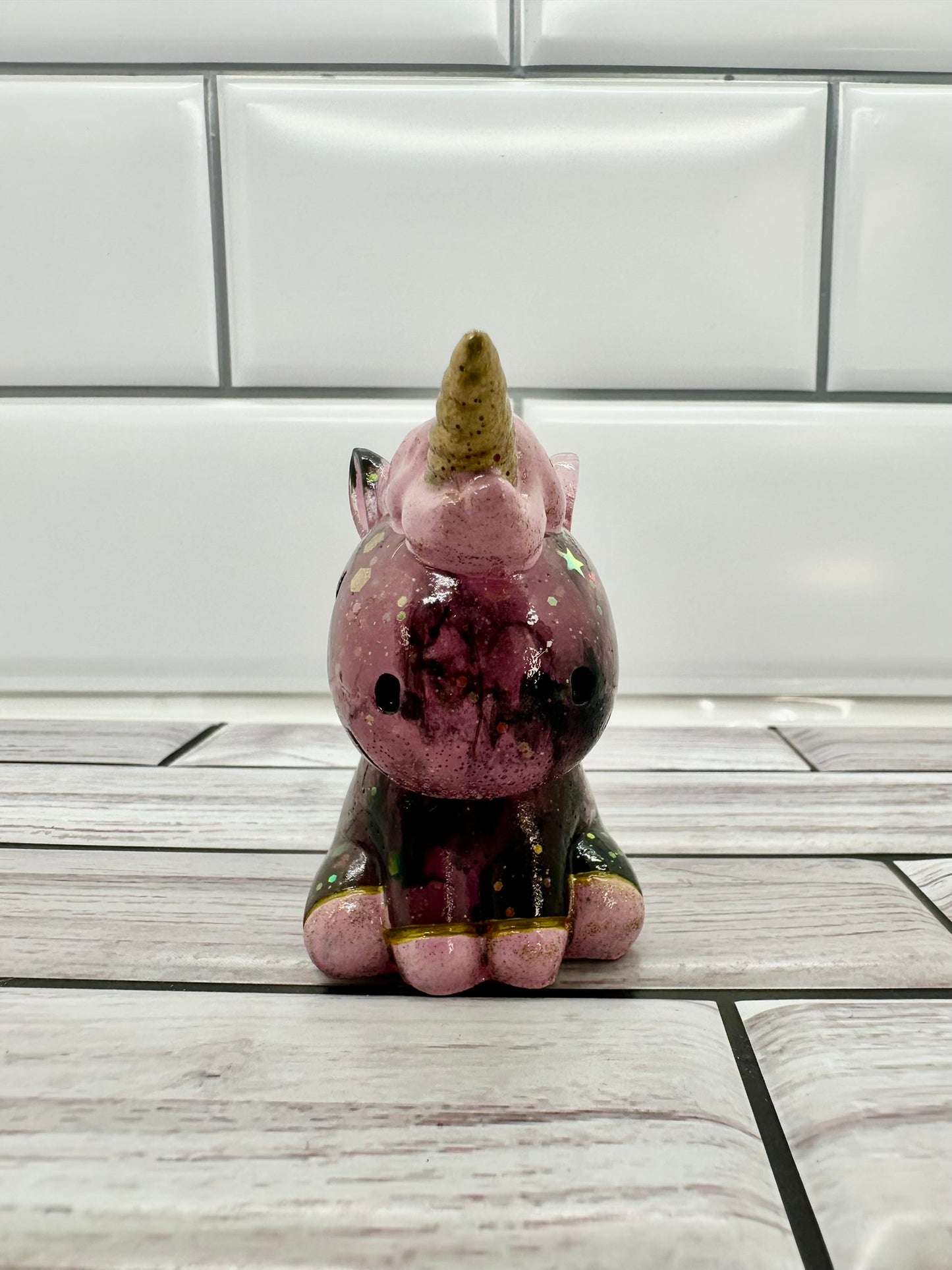 Pink and Black Glitter Unicorn Resin Figurine