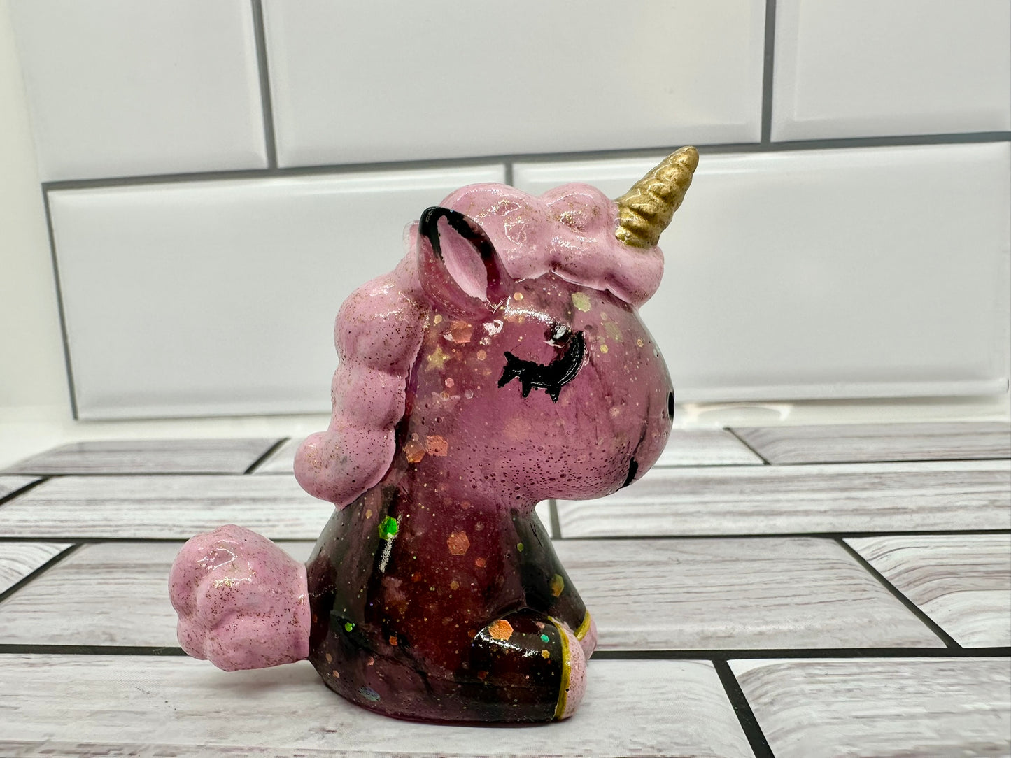 Pink and Black Glitter Unicorn Resin Figurine