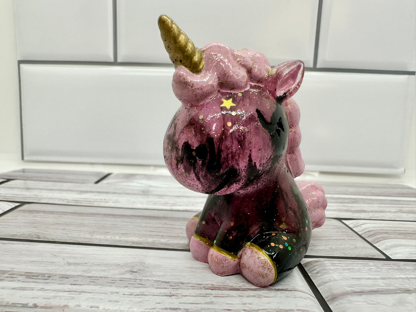 Pink and Black Glitter Unicorn Resin Figurine