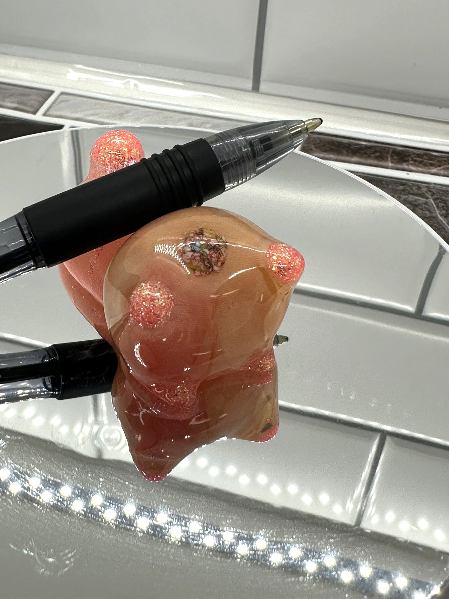 Peach Pink Flower Cat Resin Figurine