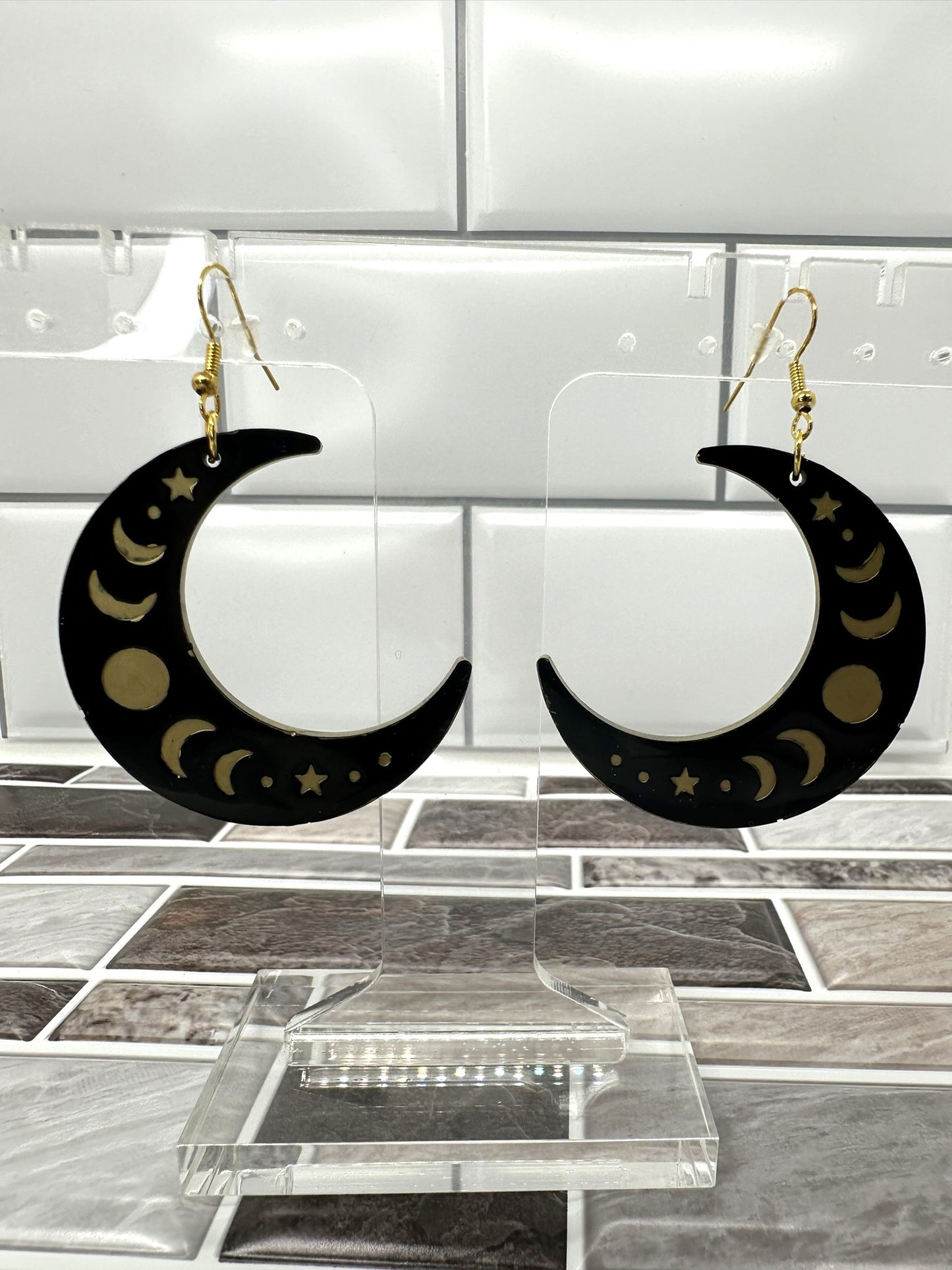Black and Gold Moon Phase Earrings