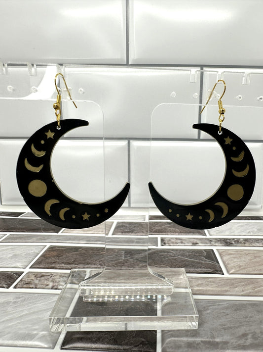 Black and Gold Moon Phase Earrings