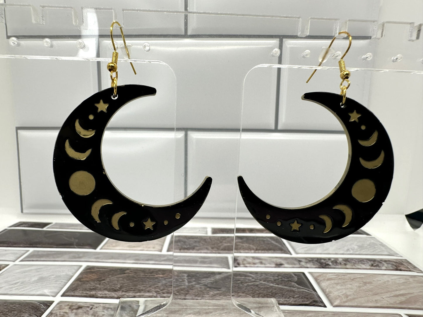 Black and Gold Moon Phase Earrings
