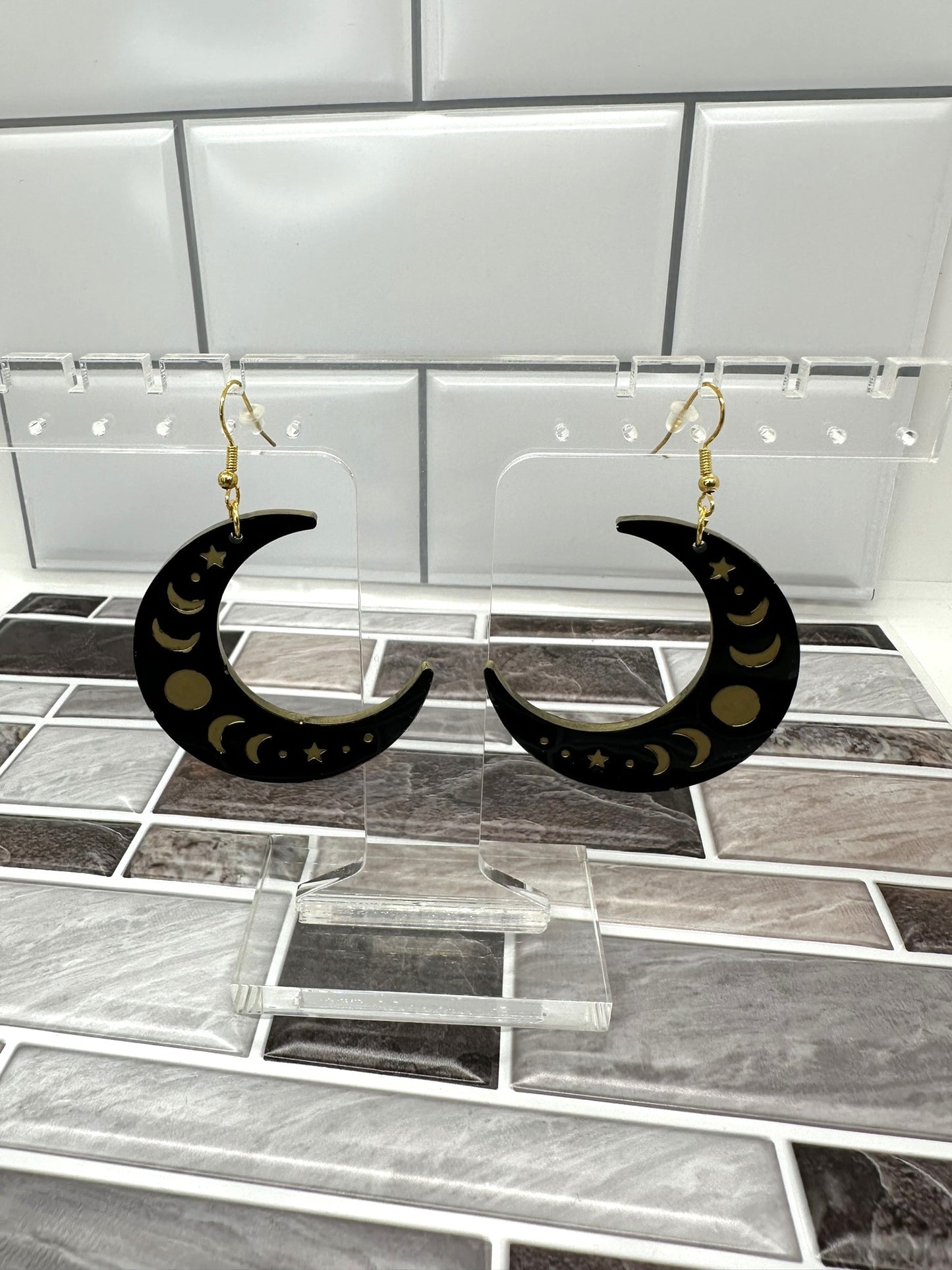 Black and Gold Moon Phase Earrings