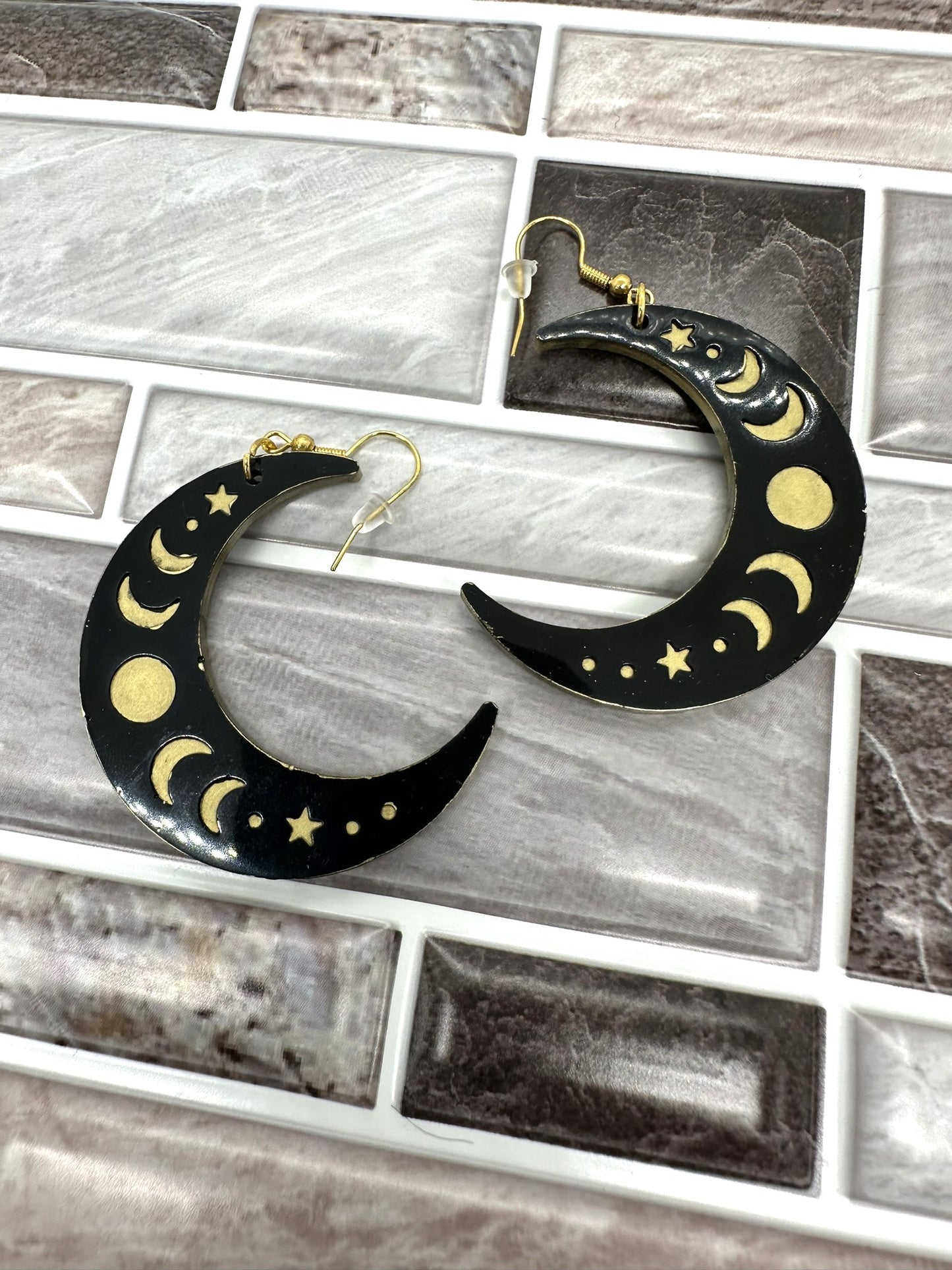 Black and Gold Moon Phase Earrings