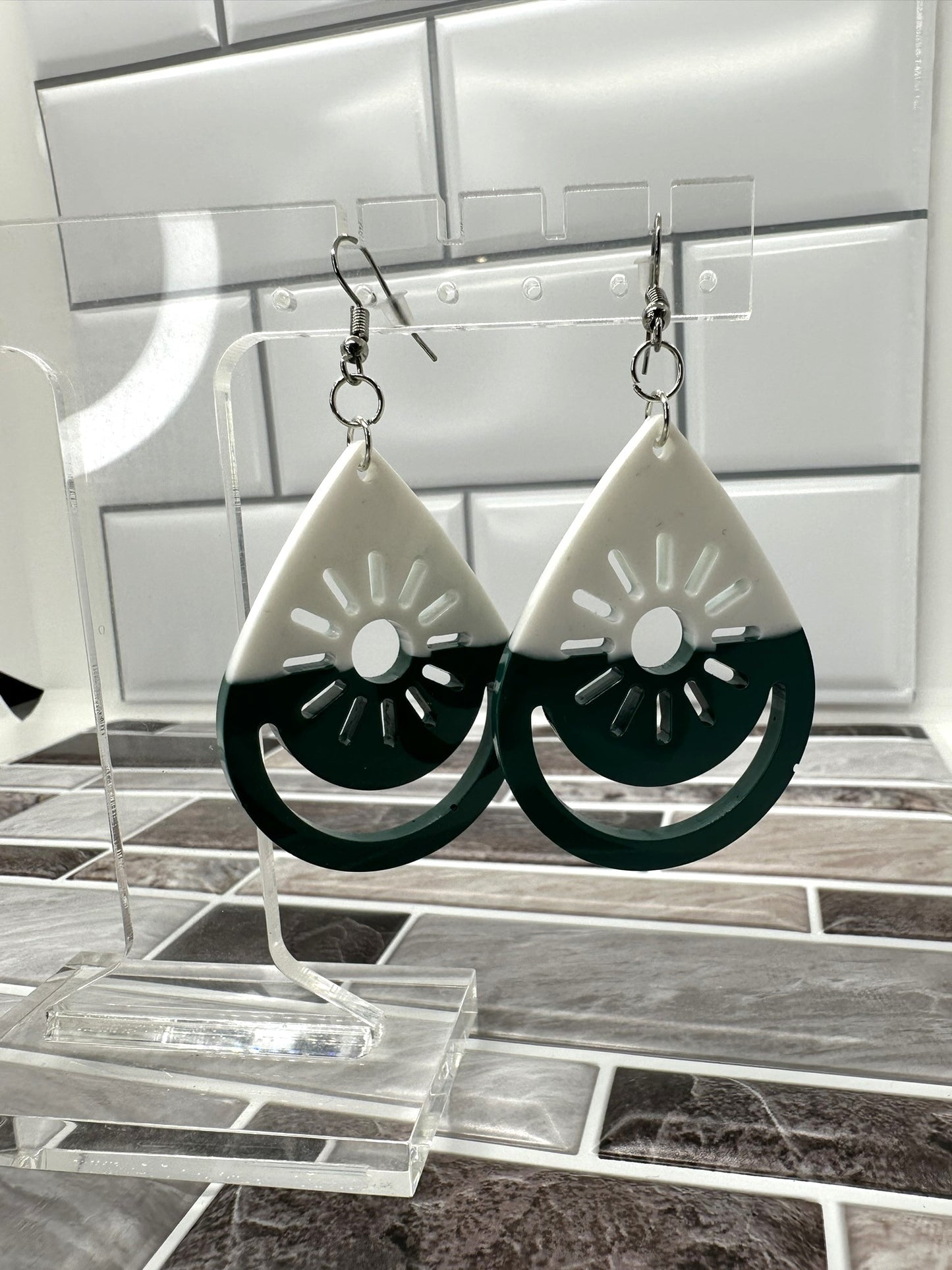 Green and White Sun Teardrop Earrings