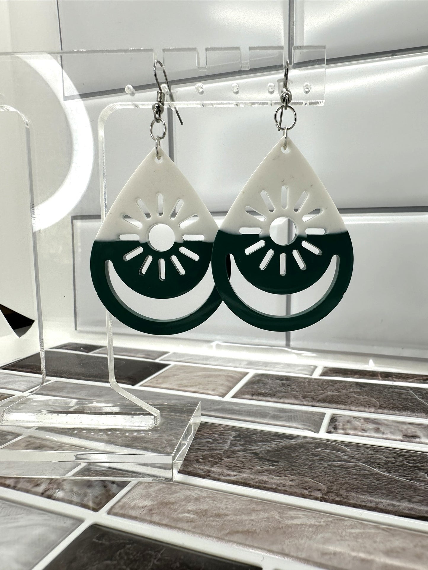 Green and White Sun Teardrop Earrings