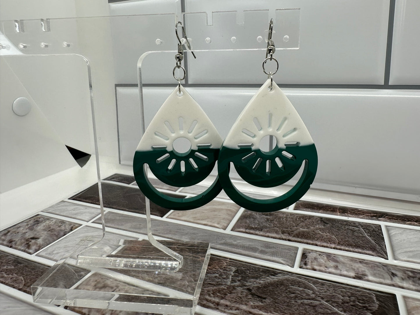 Green and White Sun Teardrop Earrings
