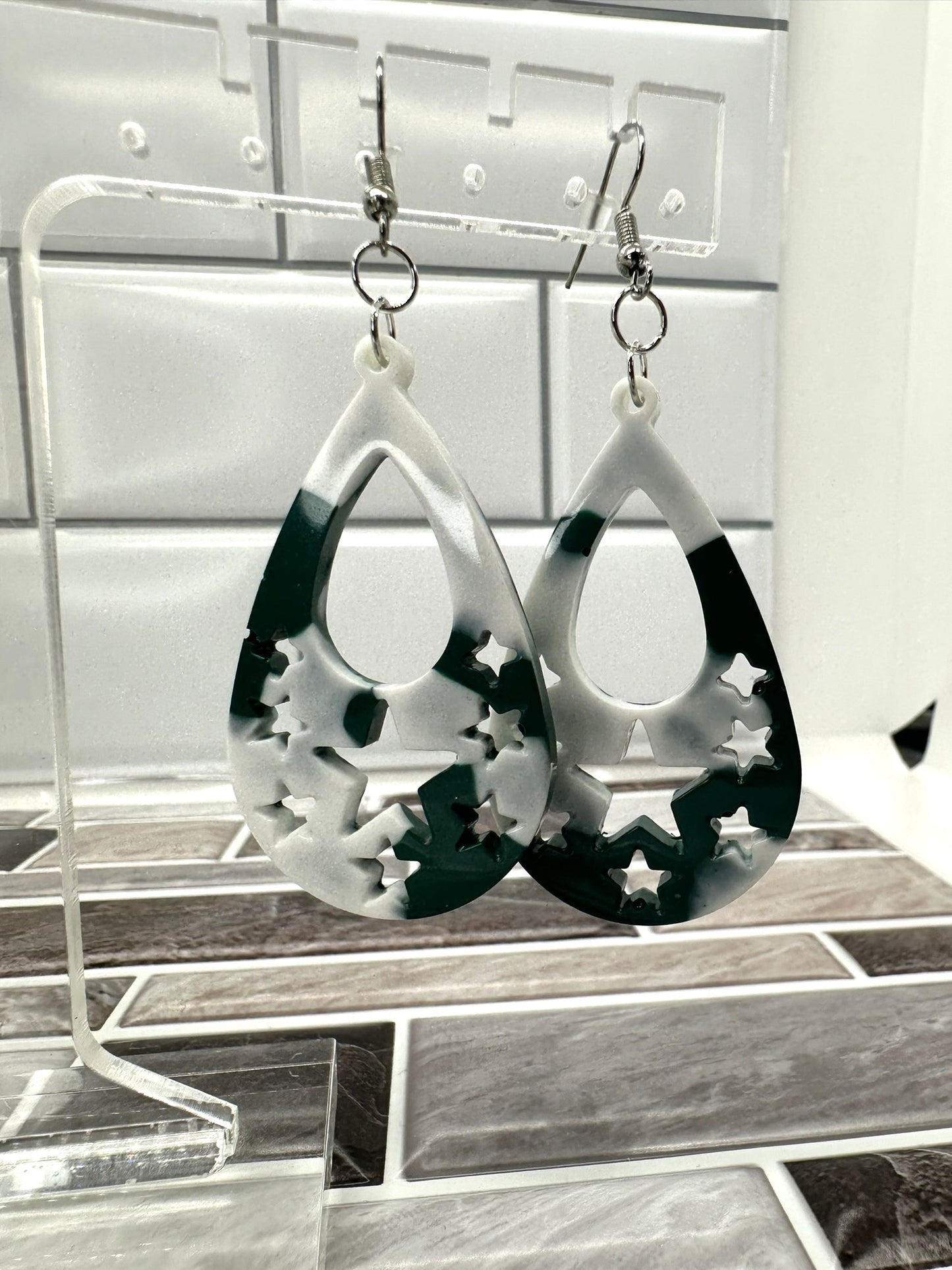 Green and White Star Teardrop Earrings