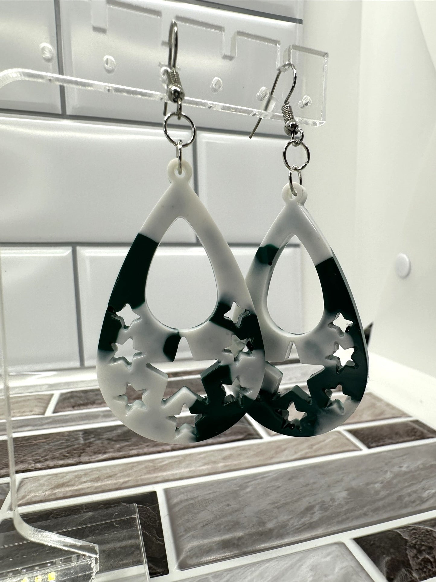 Green and White Star Teardrop Earrings