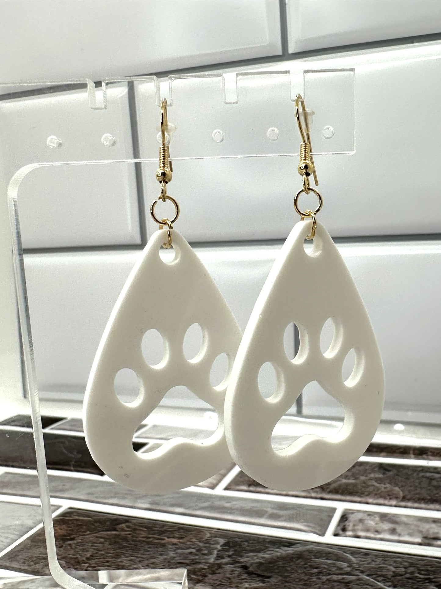 Elegant White Teardrop Paw Print Earrings