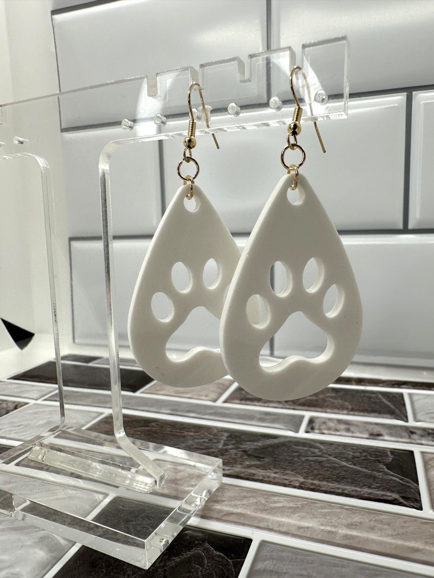Elegant White Teardrop Paw Print Earrings