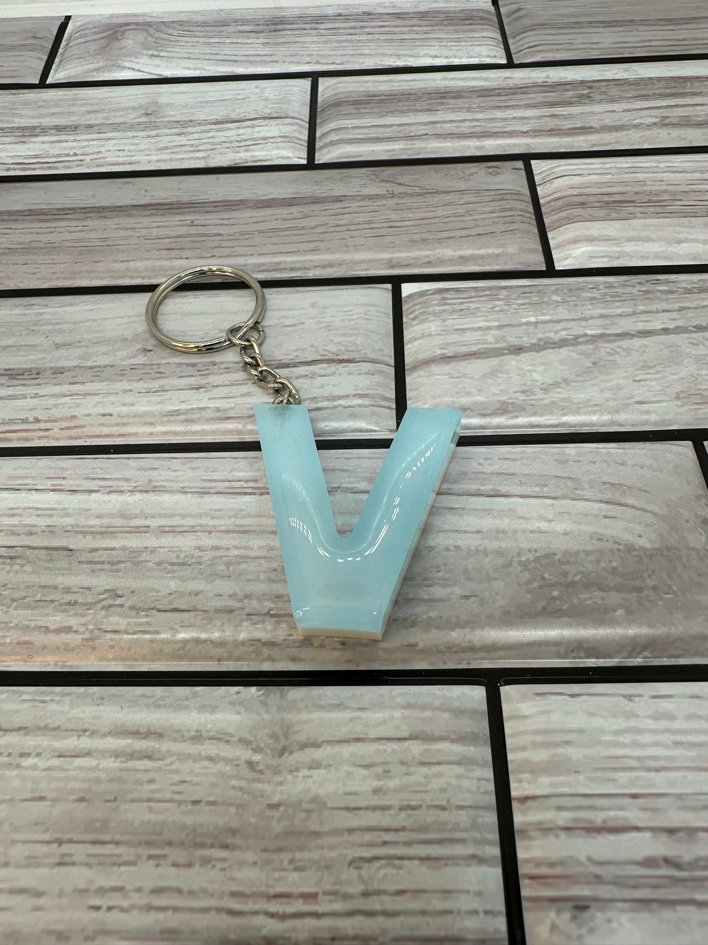 Light Blue Resin Letter V Keychain