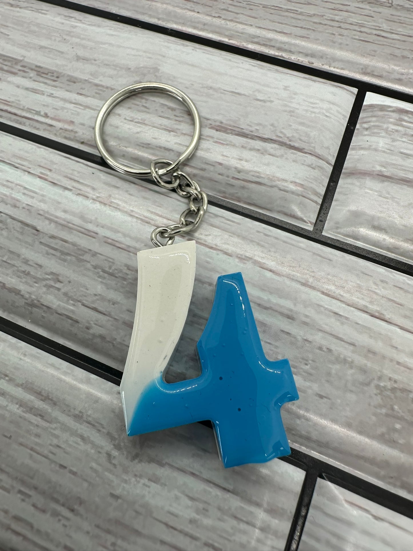 Blue and White Resin Number 4 Keychain