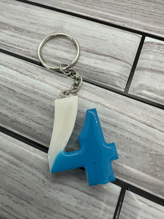 Blue and White Resin Number 4 Keychain
