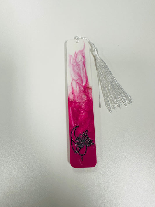 Artisan Resin Bookmark - Pink & White Swirl with Moon Detail - Unique Handmade Gift