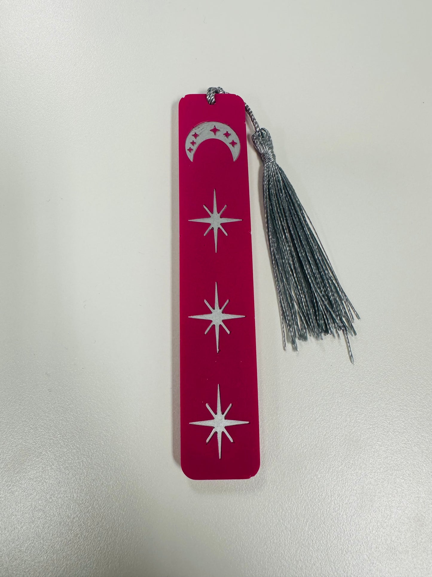 Celestial Stars & Moon Resin Bookmark - Deep Pink with Silver Tassel - Handmade Bookish Gift