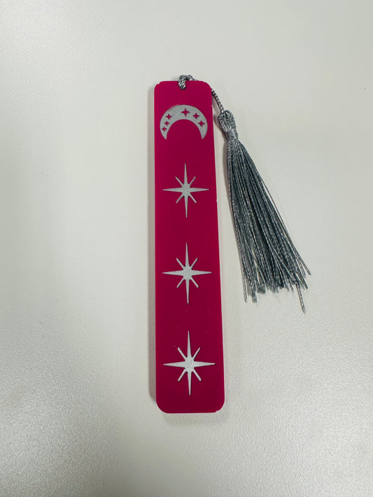 Celestial Stars & Moon Resin Bookmark - Deep Pink with Silver Tassel - Handmade Bookish Gift