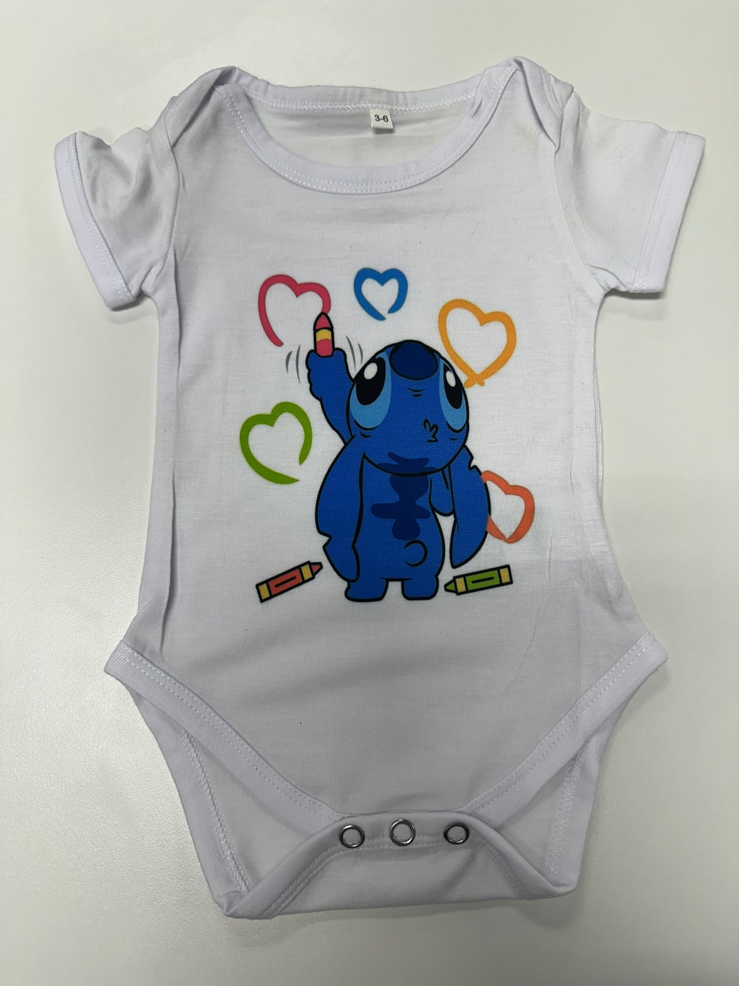 Cute Blue Alien Baby Bodysuit with Crayon Hearts - 3-6 Months