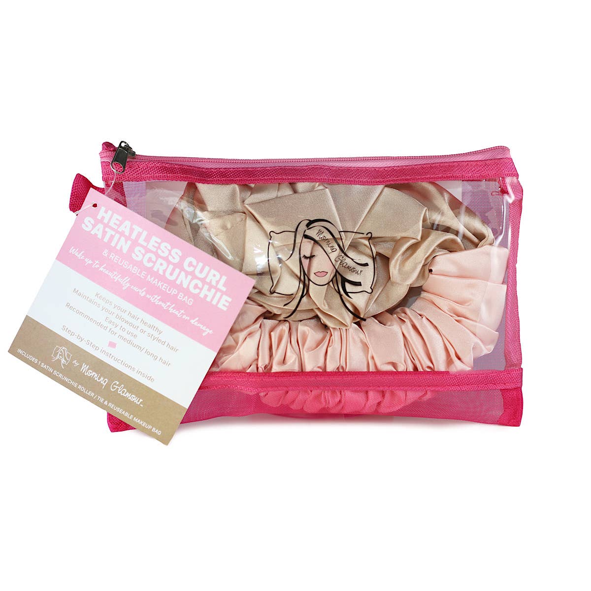 Satin Heatless Curl Scrunchie Hair Accessory: Pink/Champagne