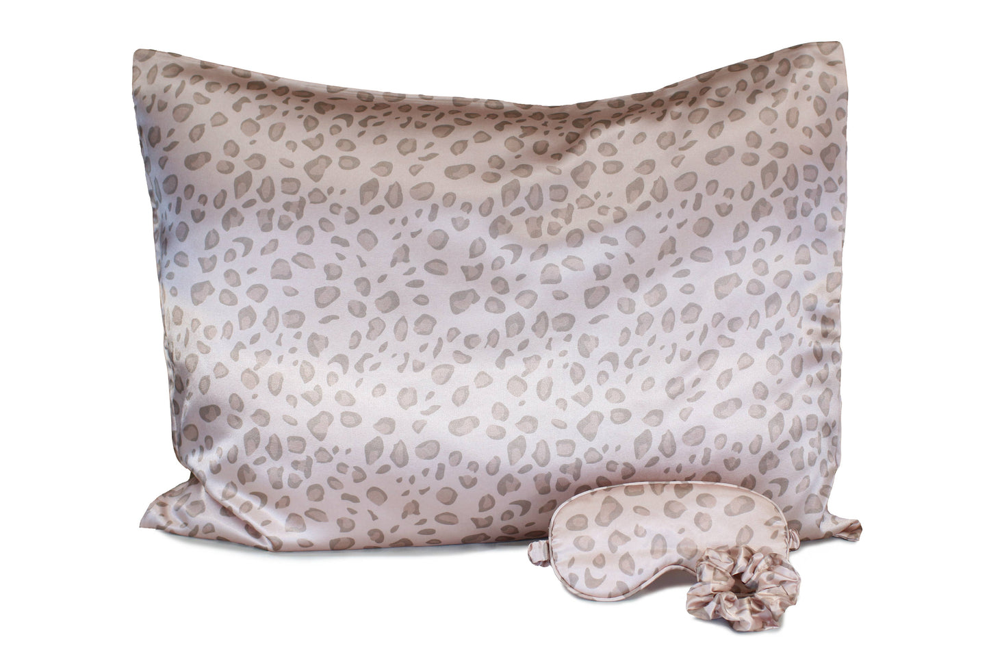 Ultimate Sleep Set Satin Pillowcase, Eye mask and Scrunchie: Pale Leopard