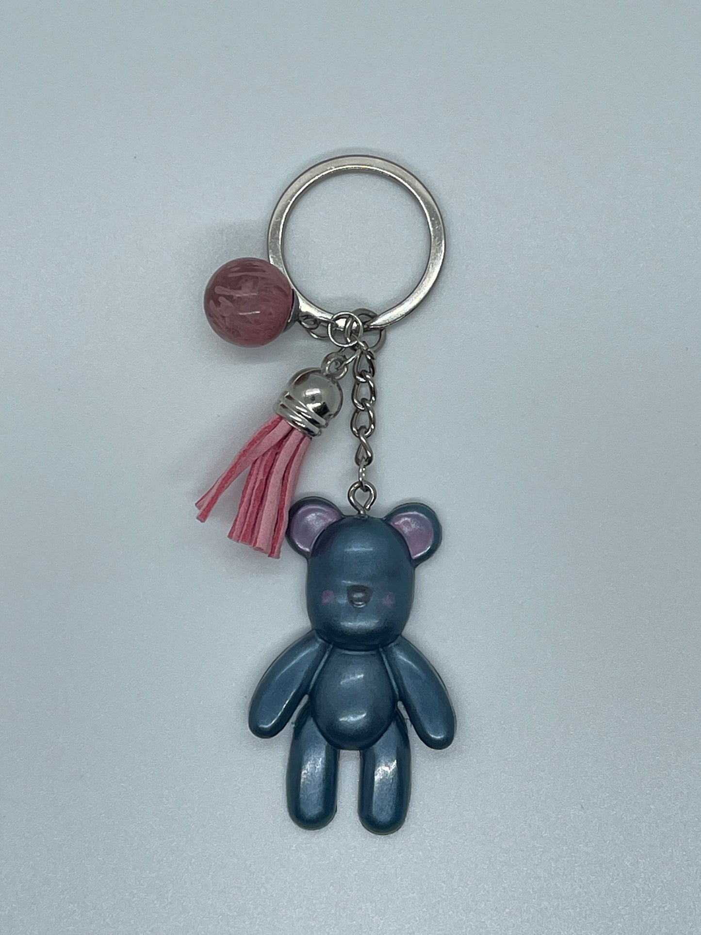 Blue Teddy Bear Keychain with Pink Round Charm