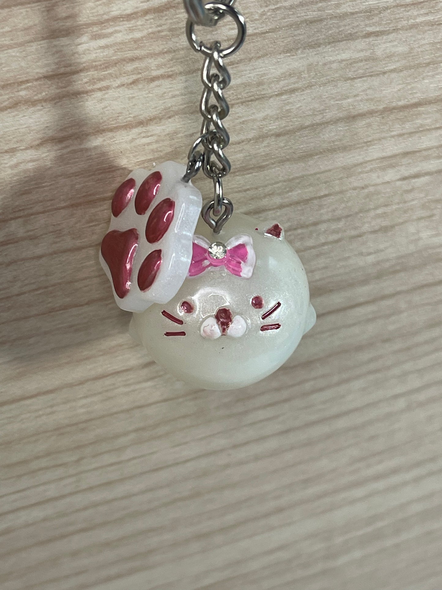 Kitty Cat with Bow and Paw Print White & Pink Keychain