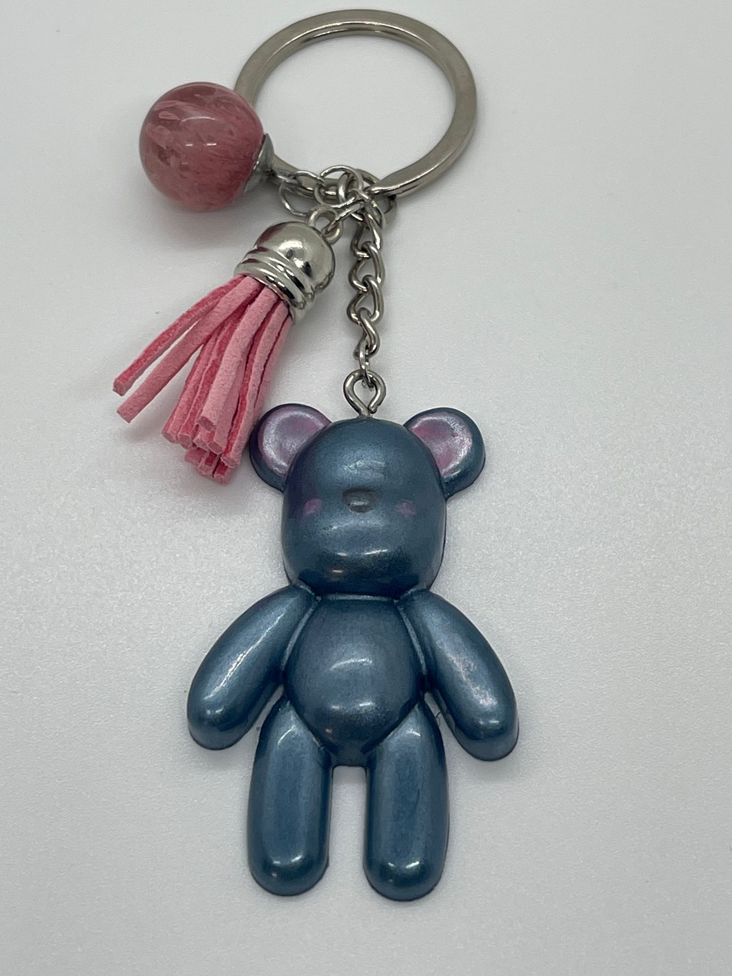 Blue Teddy Bear Keychain with Pink Round Charm