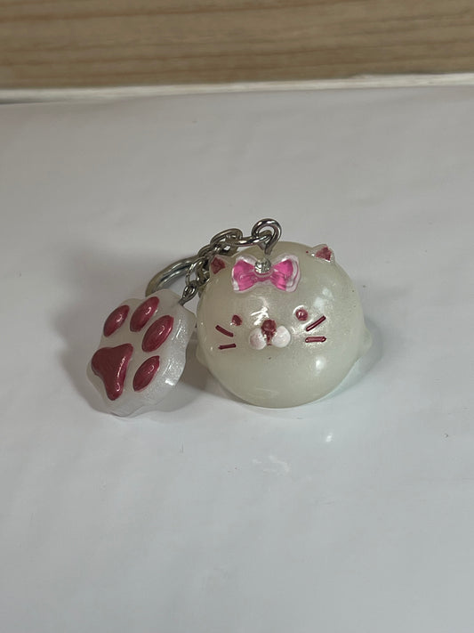 Kitty Cat with Bow and Paw Print White & Pink Keychain
