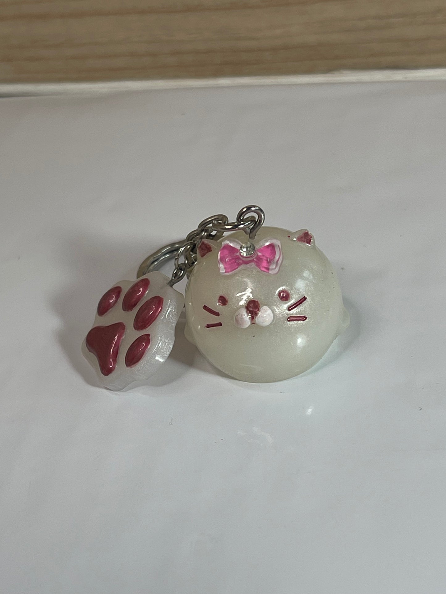 Kitty Cat with Bow and Paw Print White & Pink Keychain