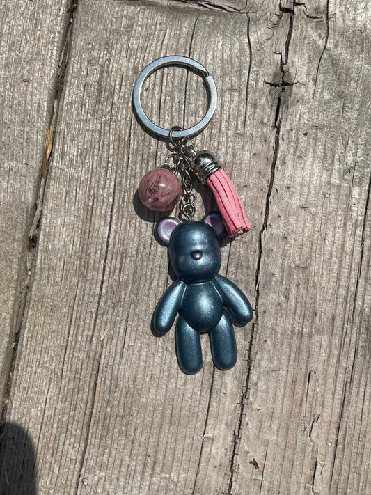 Blue Teddy Bear Keychain with Pink Round Charm