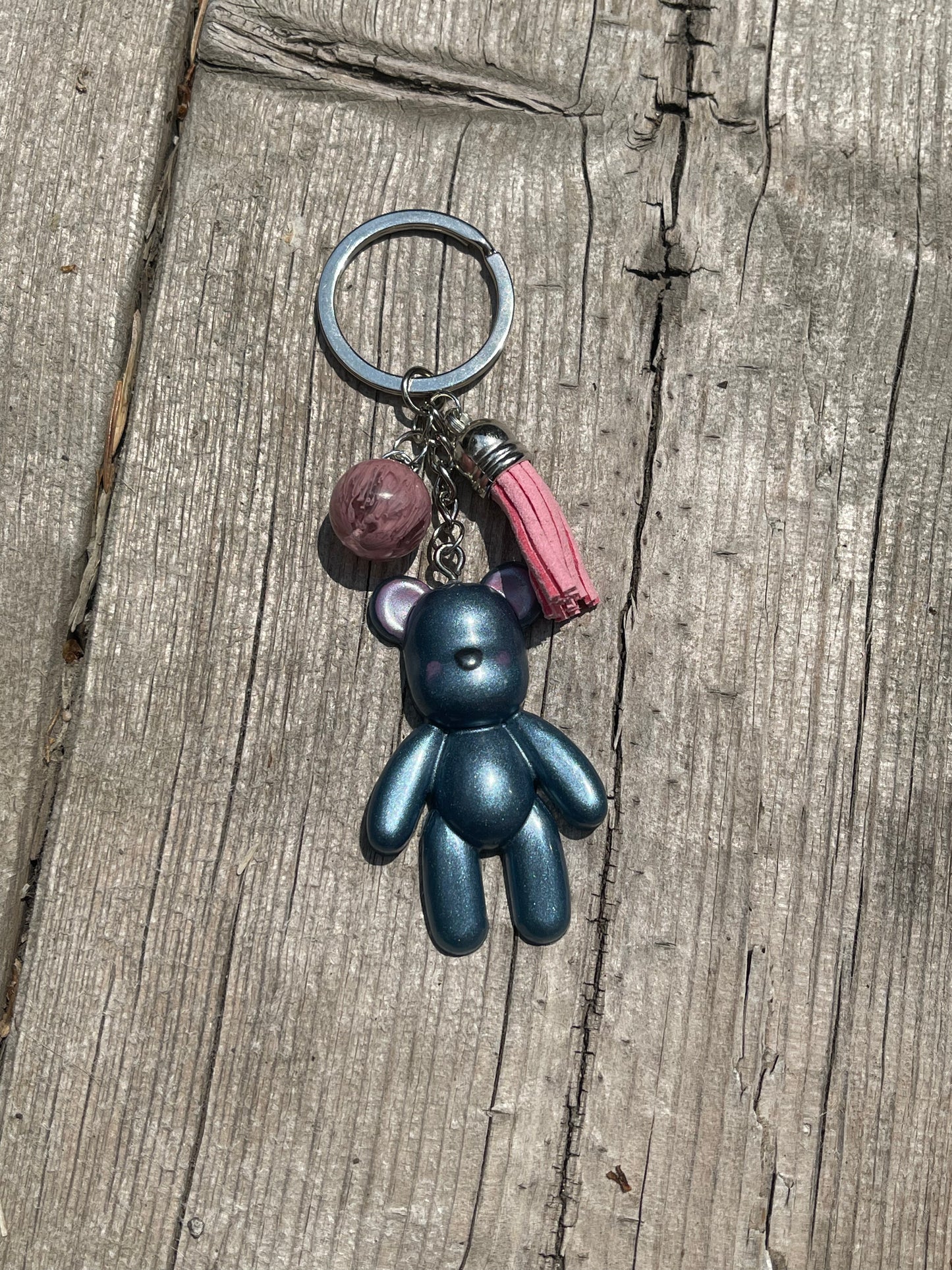 Blue Teddy Bear Keychain with Pink Round Charm