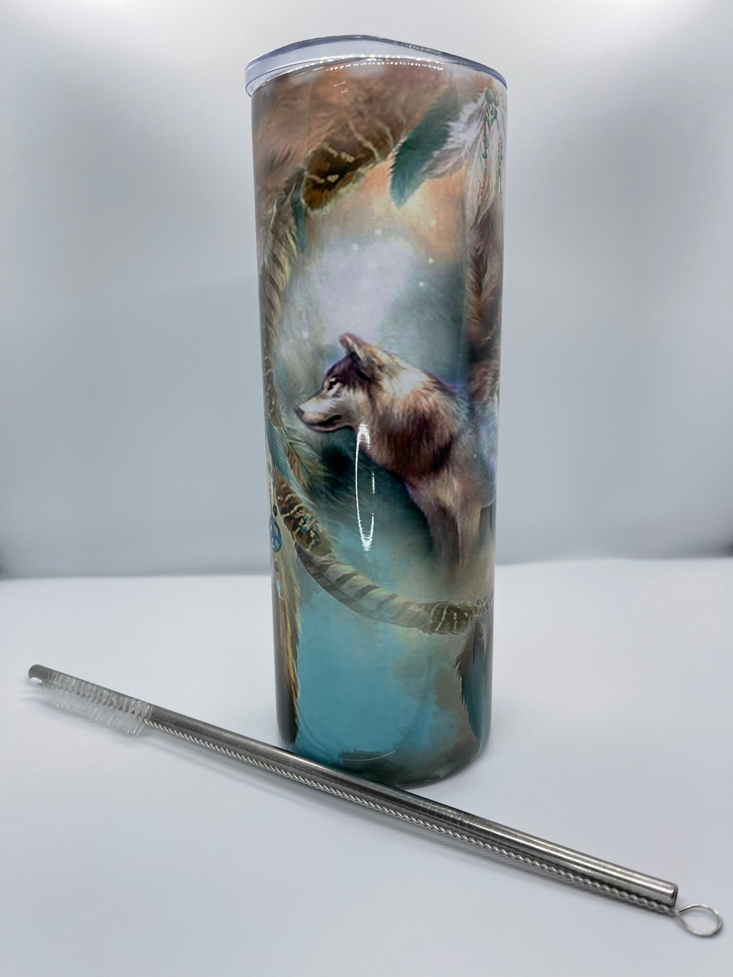 Wolf dream catcher teal 20oz Tumbler with straw and straw brush cleaner