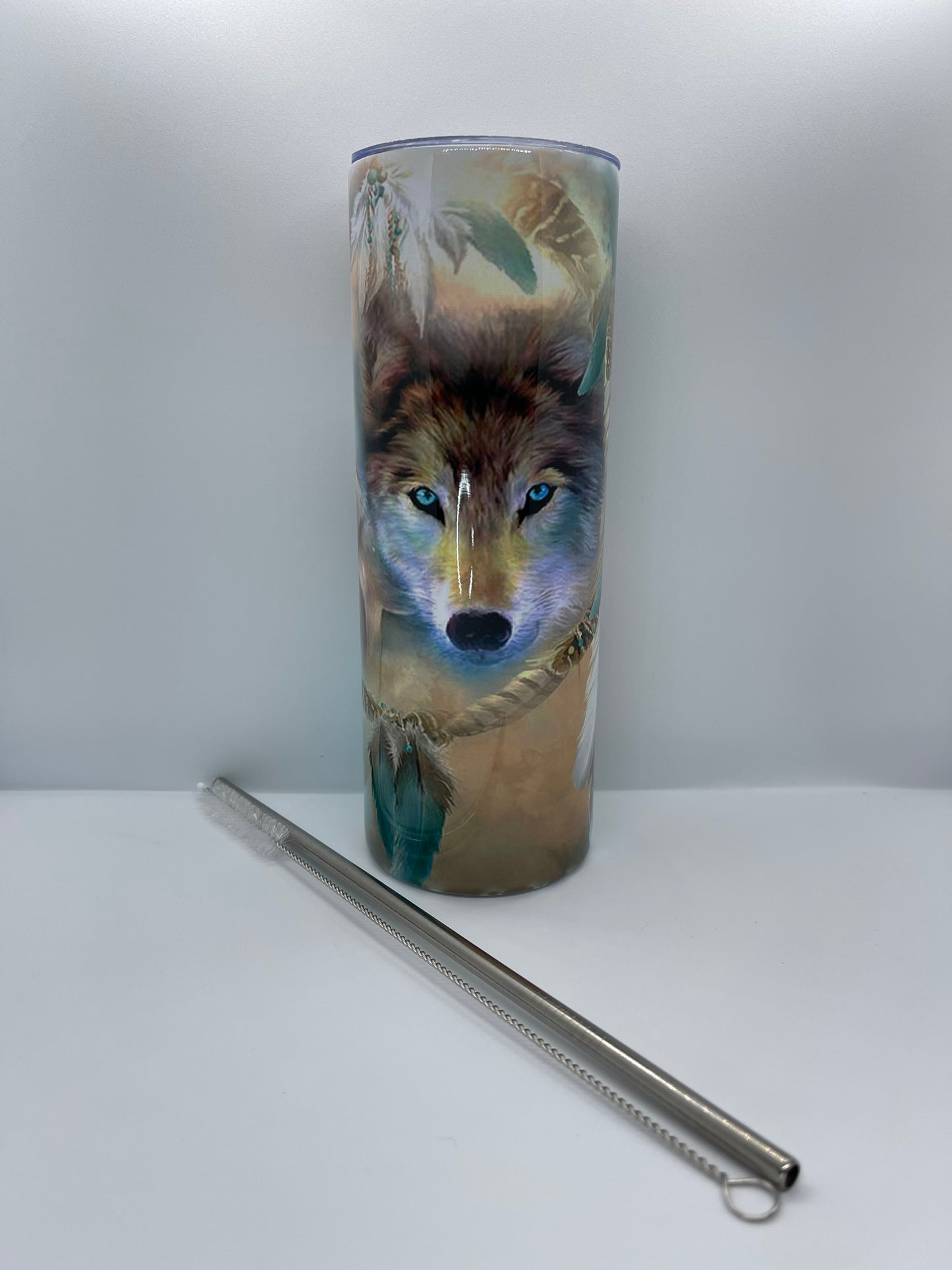 Wolf dream catcher teal 20oz Tumbler with straw and straw brush cleaner