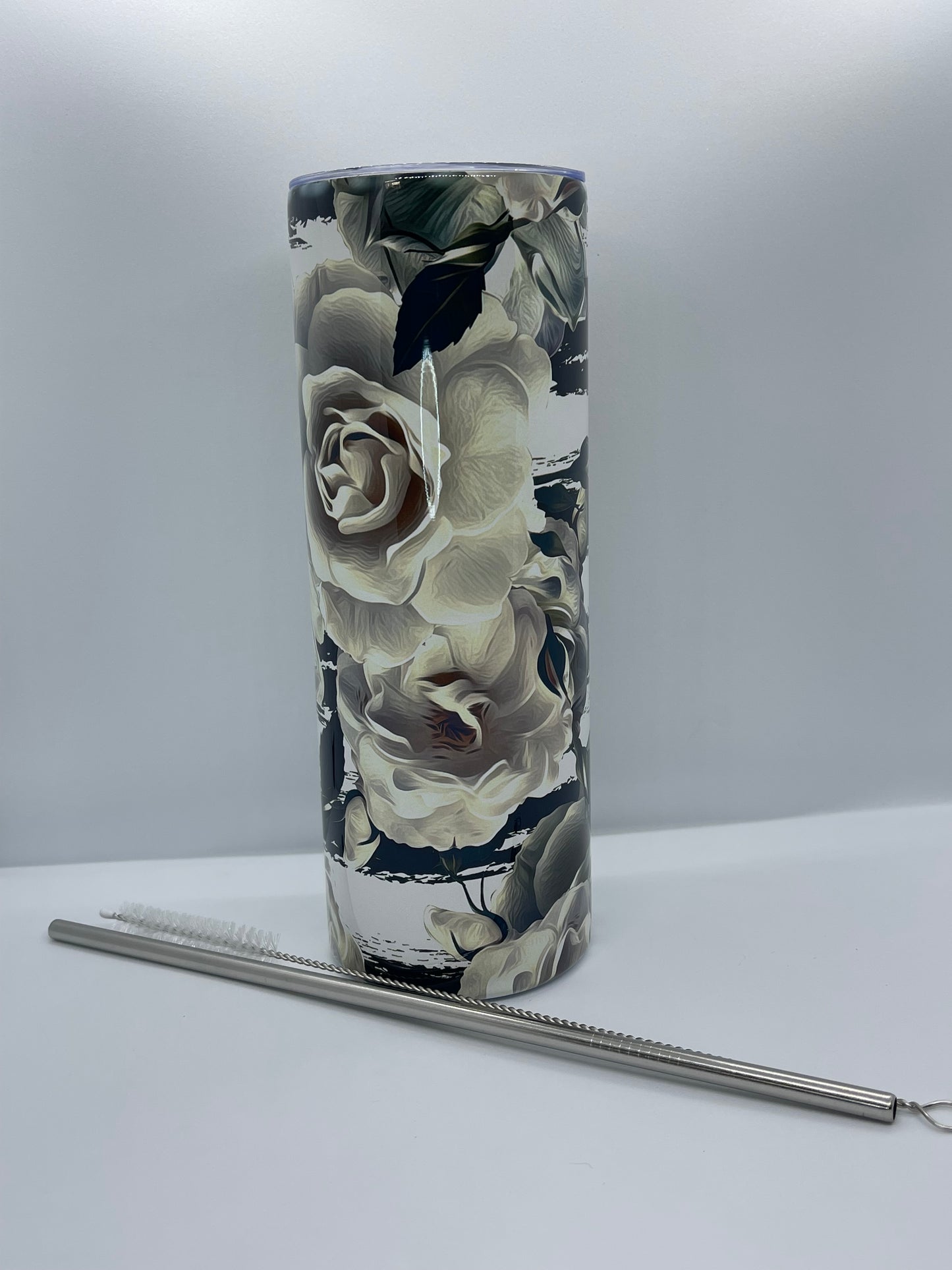 White rose flowers with white and blue stripes 20oz Tumbler with straw and straw brush cleaner