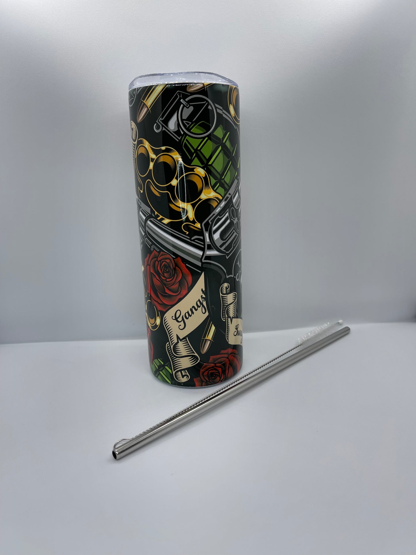 Hustle Gangster Roses Guns Grenades Brass Knuckles 20oz Tumbler with straw and straw brush cleaner