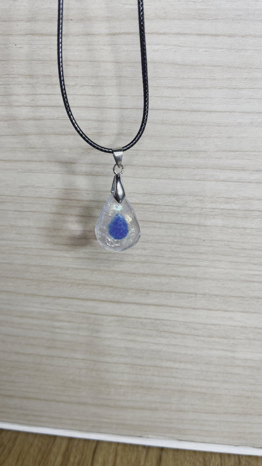 Blue Teardrop Set in Clear Holographic Teardrop Resin Pendant Necklace