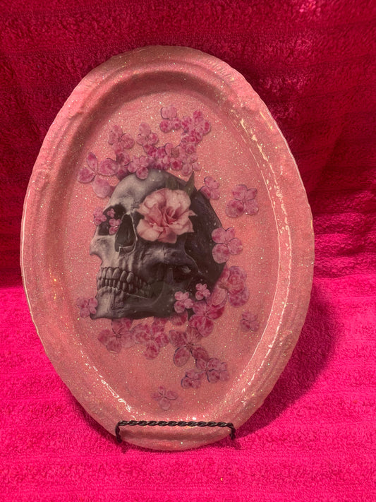 Skull and Flowers Baby Pink Glitter Jewelry Makeup Rolling Tray