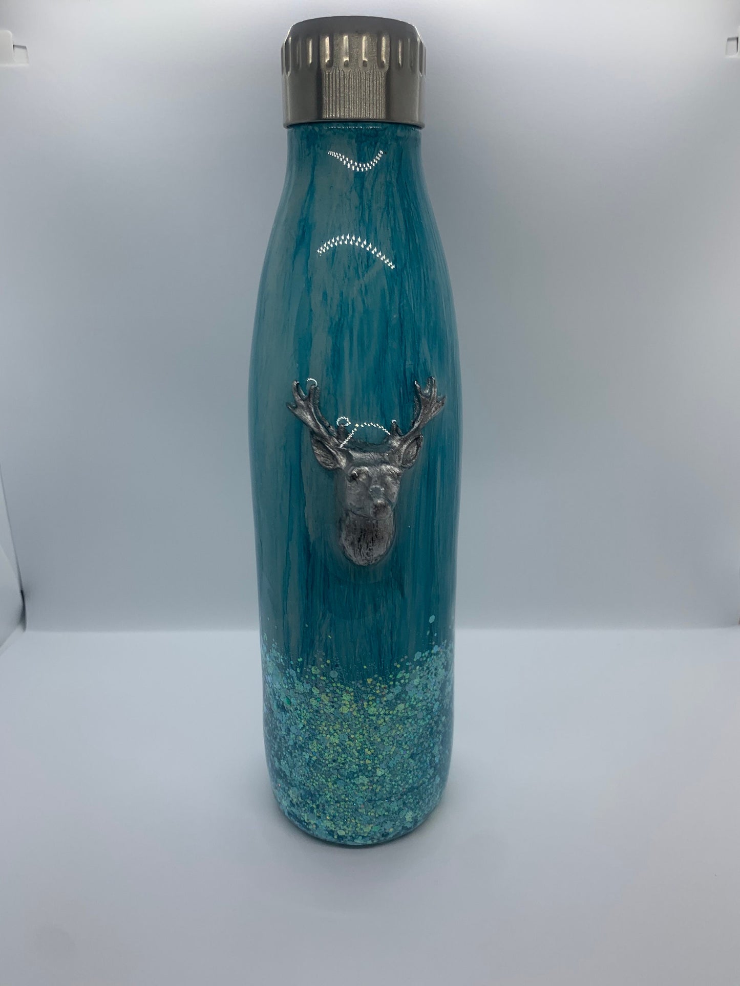 3D Deer Wood Grain Teal Glitter 17oz Water Bottle Tumbler