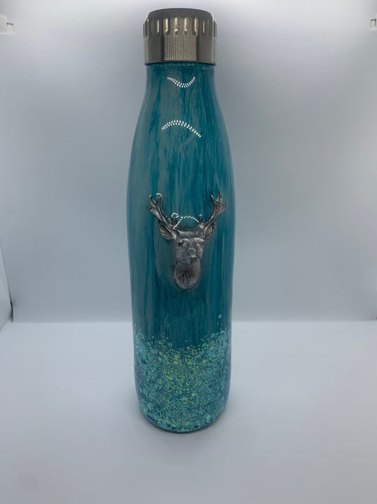 3D Deer Wood Grain Teal Glitter 17oz Water Bottle Tumbler