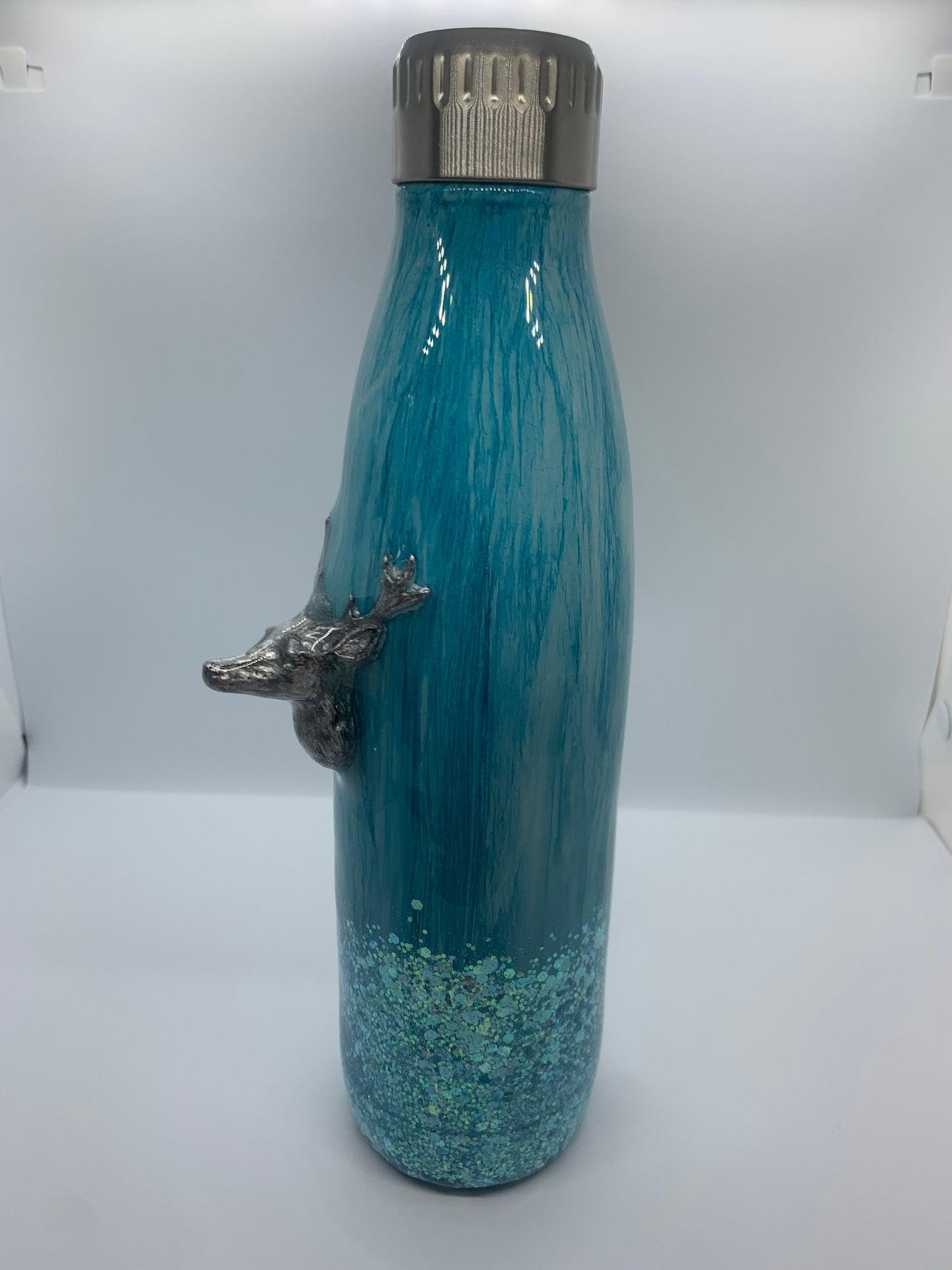 3D Deer Wood Grain Teal Glitter 17oz Water Bottle Tumbler